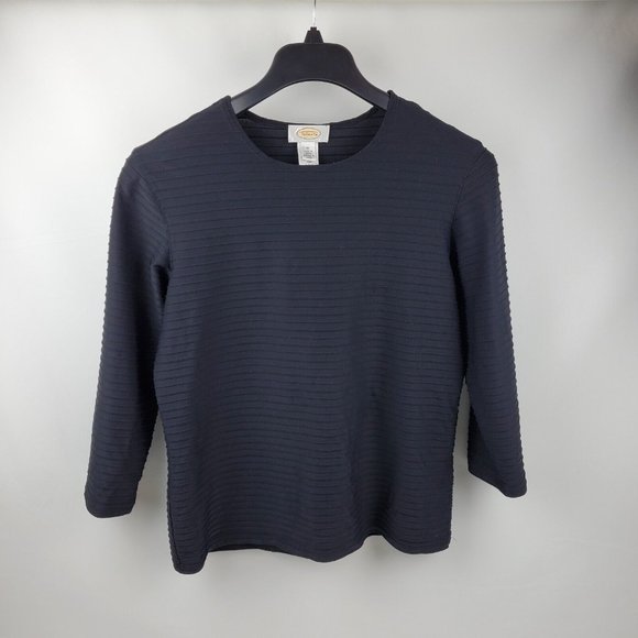 Talbots Womens Shirt Ribbed Round Neck 3/4 Sleeve Pullover Black Medium - Picture 1 of 6